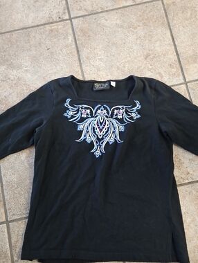 Bob Mackie Black Scoop Neck Top with Blue and Pink Embroidery